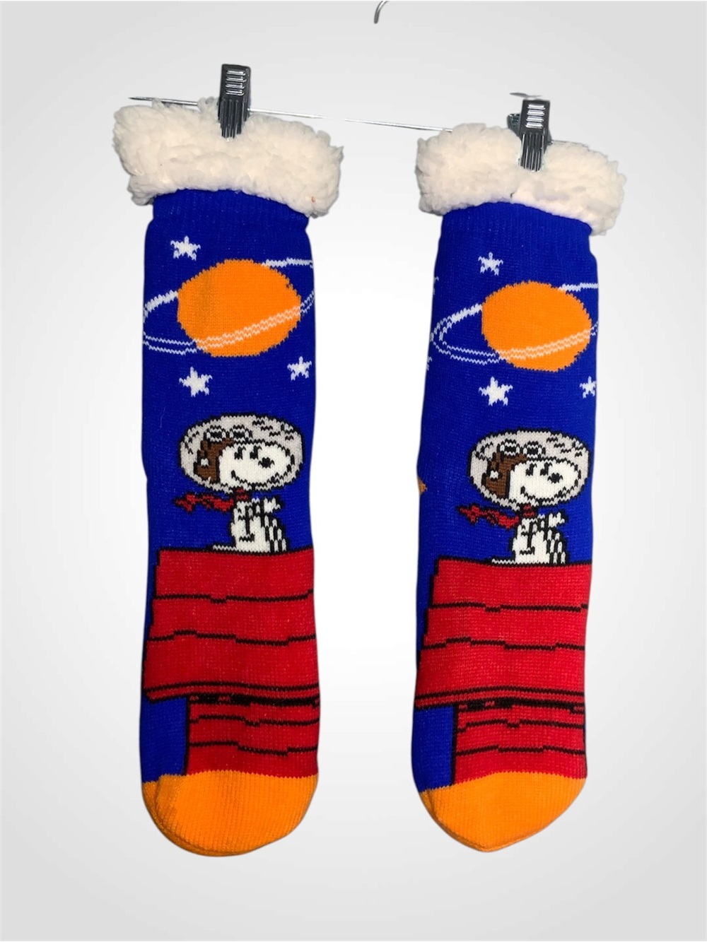 Snoopy Space Sherpa Slipper Socks - Blue, Red & Orange